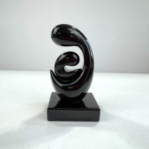 Mother And Child Carved Abstract Black Stone Modern Figurine Statue On Base 5”